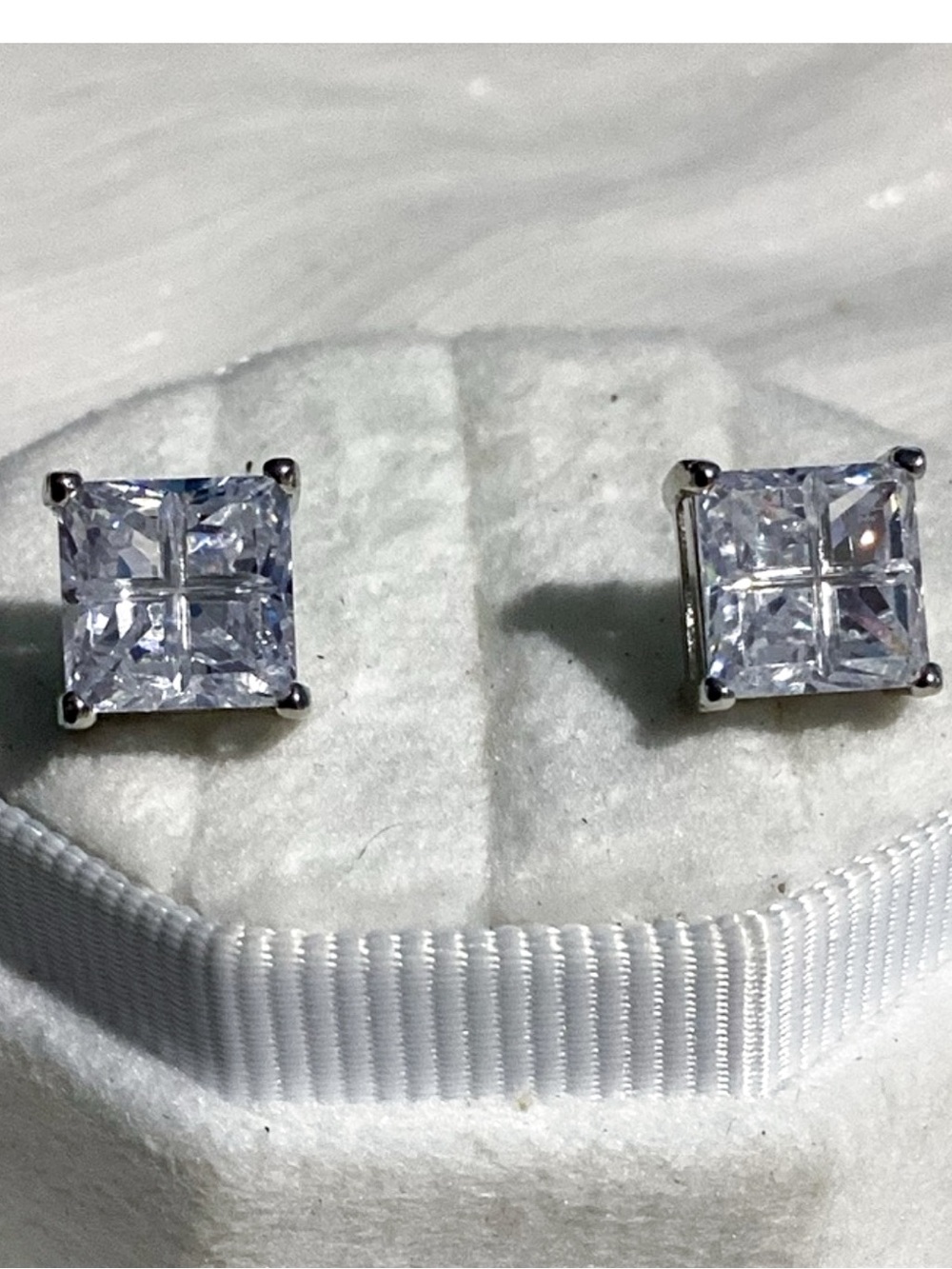 Princess Cut CZ Stud Earrings Silver Unique Panel Etching Design